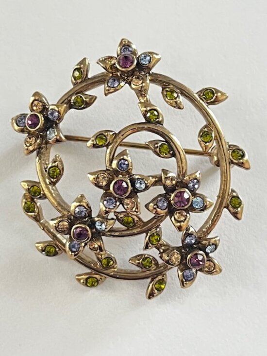 Monet Jewelry - Monet Brooch Pin Floral Rhinestones Blue Purple Green